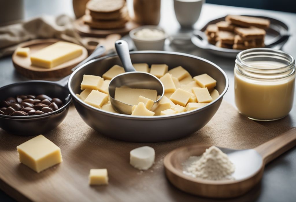 A kitchen counter with ingredients (butter, sugar, flour, chocolate) and utensils (mixing bowl, spatula, baking tin) for making millionaire shortbread