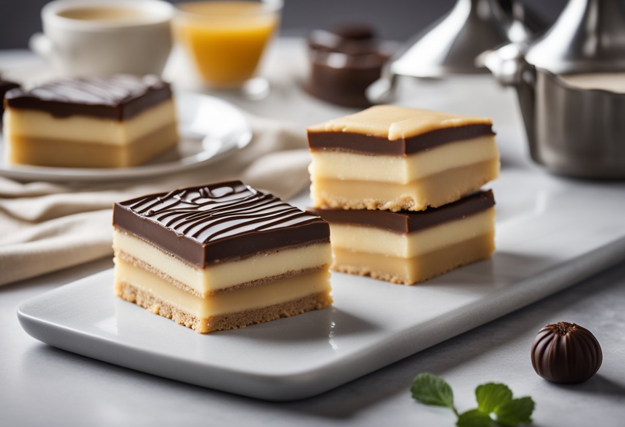 A kitchen counter with neatly arranged ingredients for Mary Berry's millionaire shortbread recipe. Sugar, butter, flour, chocolate, and condensed milk are all visible