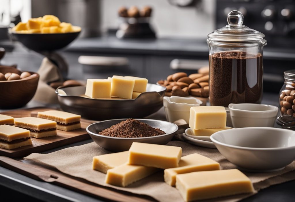 A kitchen counter with ingredients and utensils laid out for making millionaire shortbread. Sugar, butter, and chocolate are prominently displayed