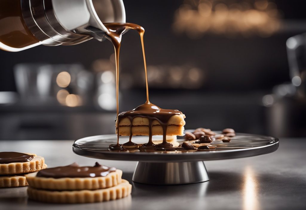 Melted chocolate being poured over a layer of caramel on a shortbread base, then left to cool on a wire rack