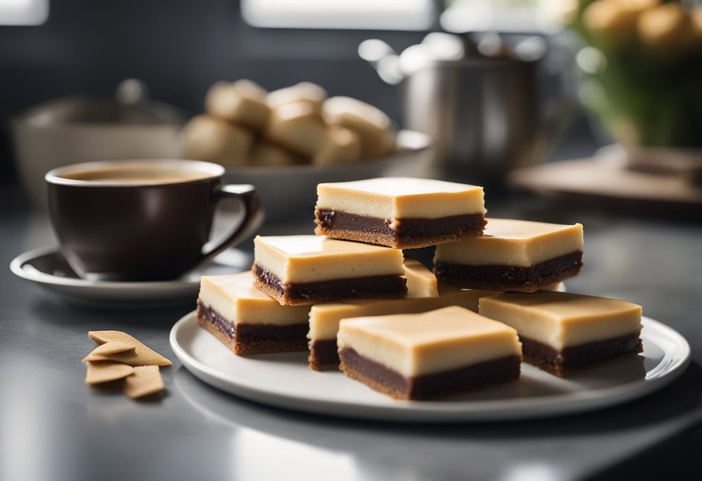 A kitchen counter with a tray of freshly baked millionaire shortbread, next to a stack of decorative serving plates and a container of parchment paper for storage