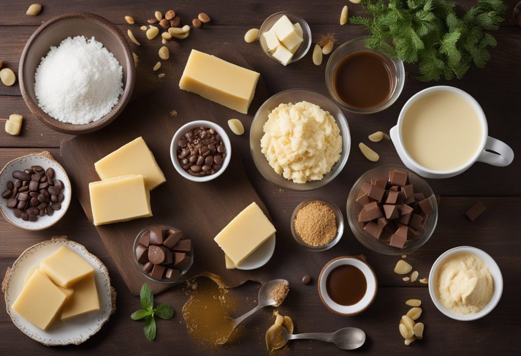 A kitchen counter with ingredients for Mary Berry's millionaire shortbread recipe laid out, including butter, sugar, and chocolate