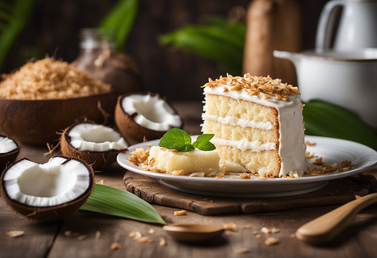 A coconut cake sits on a rustic wooden table, surrounded by fresh coconuts, a mixing bowl, and kitchen utensils