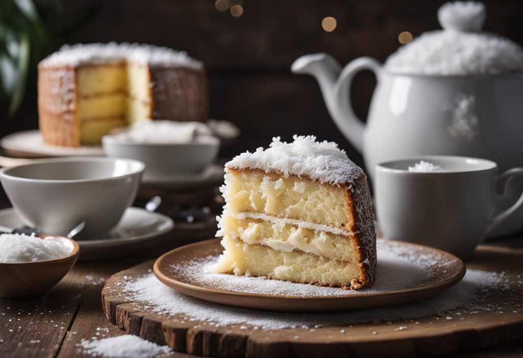 A coconut cake sits on a rustic wooden table with a light dusting of powdered sugar on top. A few shreds of coconut are sprinkled around the cake, and a vintage cake stand holds the dessert