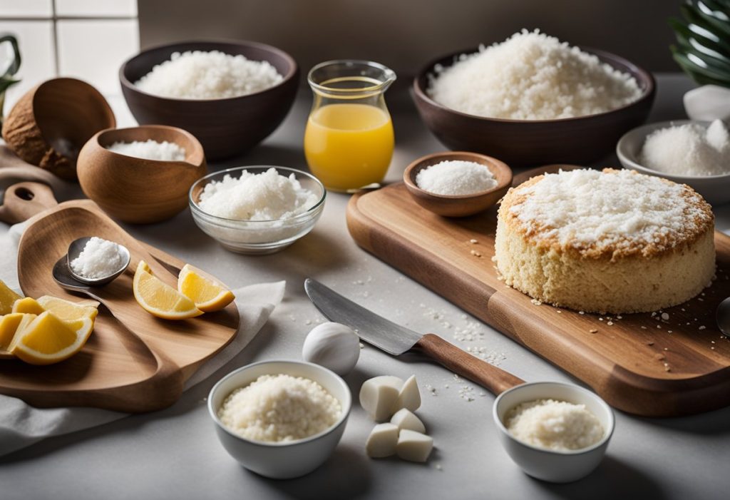 A countertop with ingredients and utensils laid out for baking Mary Berry's coconut cake