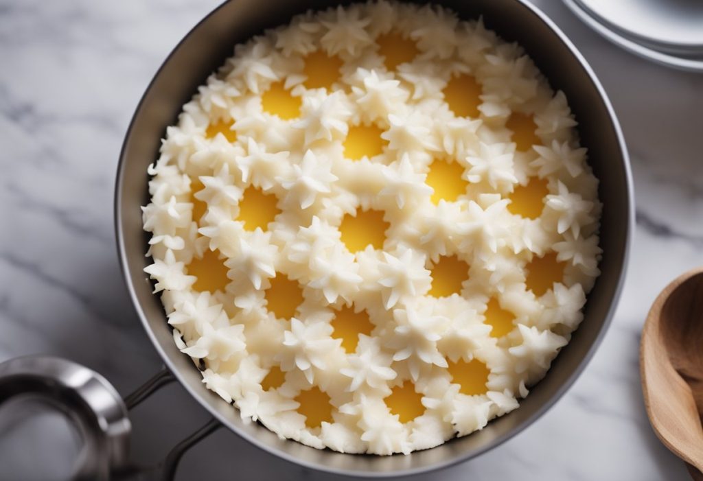 Coconut cake ingredients being mixed in a bowl, then poured into a cake tin and placed in the oven to bake