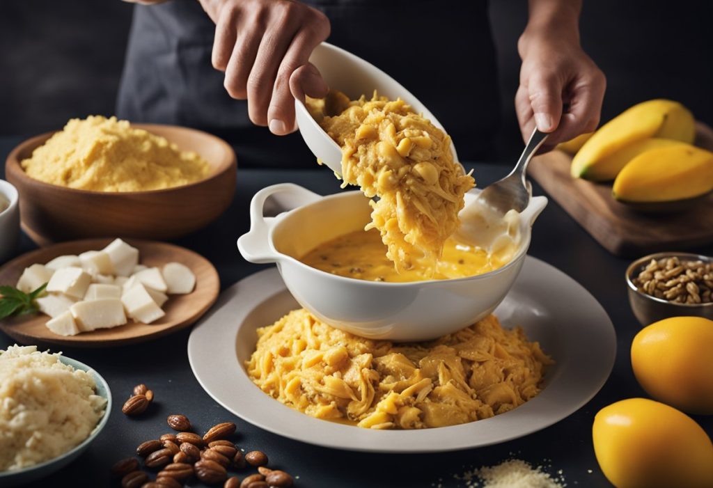 A chef mixing mayonnaise, curry powder, and mango chutney in a bowl, adding shredded chicken and raisins, creating Coronation Chicken