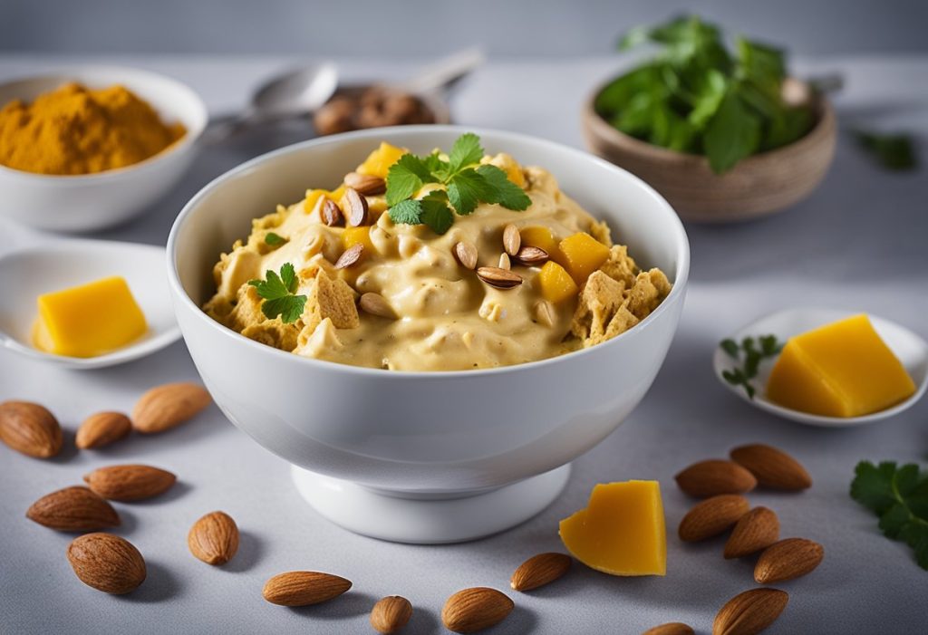 A bowl of coronation chicken with mayo, curry powder, and mango chutney. A sprinkle of almonds and sultanas on top