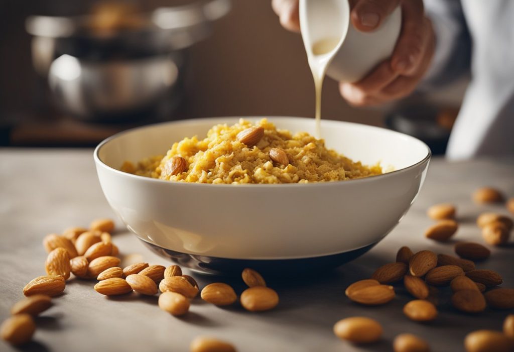 A mixing bowl filled with cooked chicken, curry powder, and mayonnaise, being stirred with a wooden spoon. A dish of golden raisins and flaked almonds sits nearby