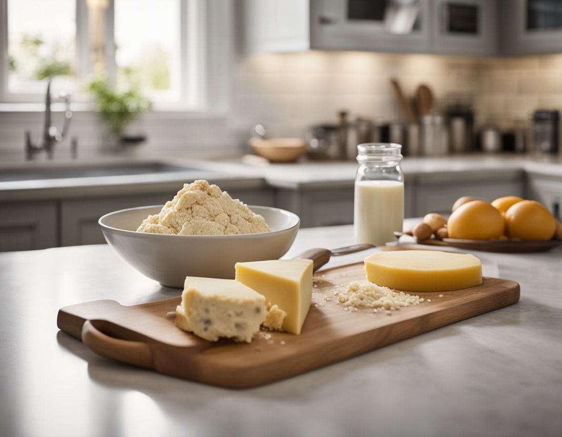 A kitchen counter with ingredients for cheese scones: flour, butter, cheese, milk, and a mixing bowl. A rolling pin, cutter, and baking tray are nearby