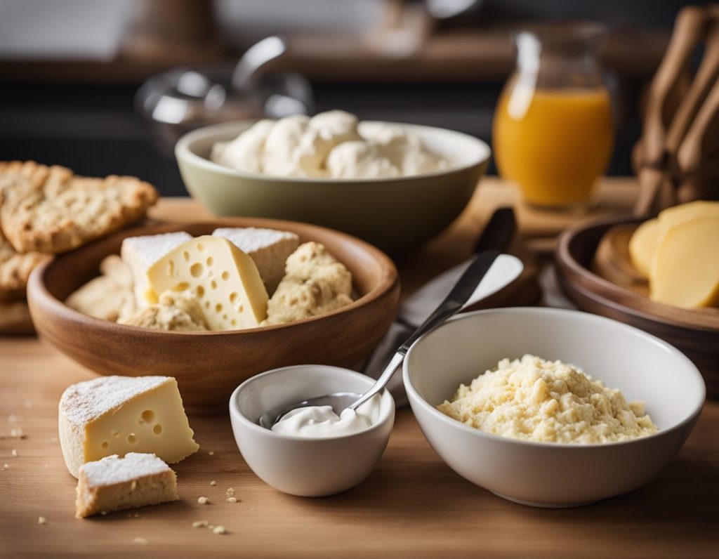 A kitchen counter with ingredients for cheese scones: flour, butter, cheese, and a mixing bowl. A recipe book open to Mary Berry's cheese scones recipe