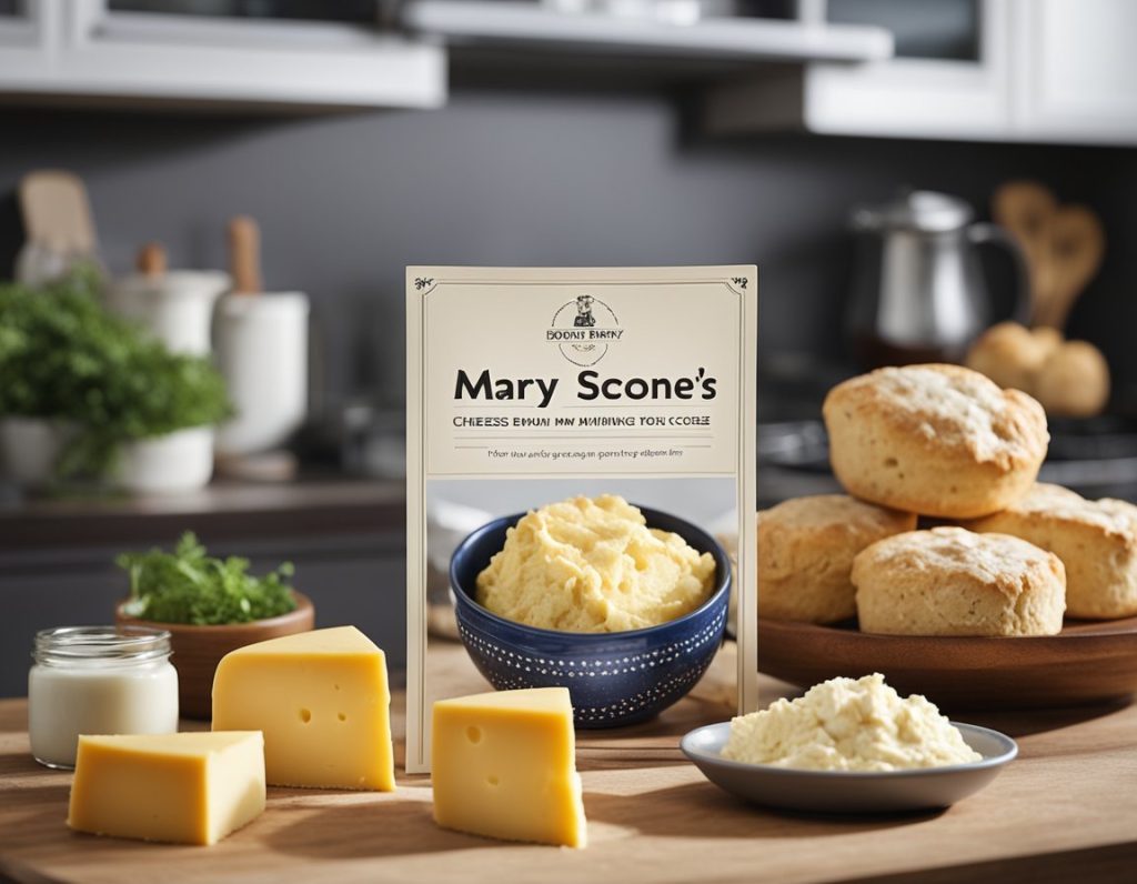 A kitchen counter with ingredients: flour, butter, cheese, and a mixing bowl. A recipe card for Mary Berry's cheese scones is propped up next to the bowl