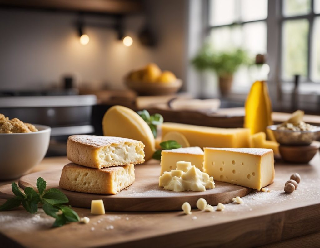 A kitchen counter with ingredients for cheese scones: flour, butter, cheese, milk, and baking powder. A recipe book open to Mary Berry's cheese scones recipe