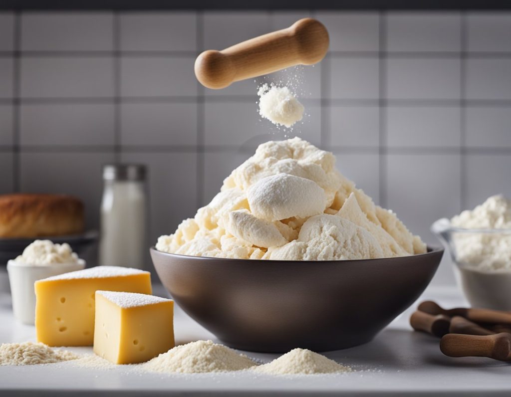 A bowl of flour, butter, and cheese, a rolling pin, and a pastry cutter on a clean kitchen counter