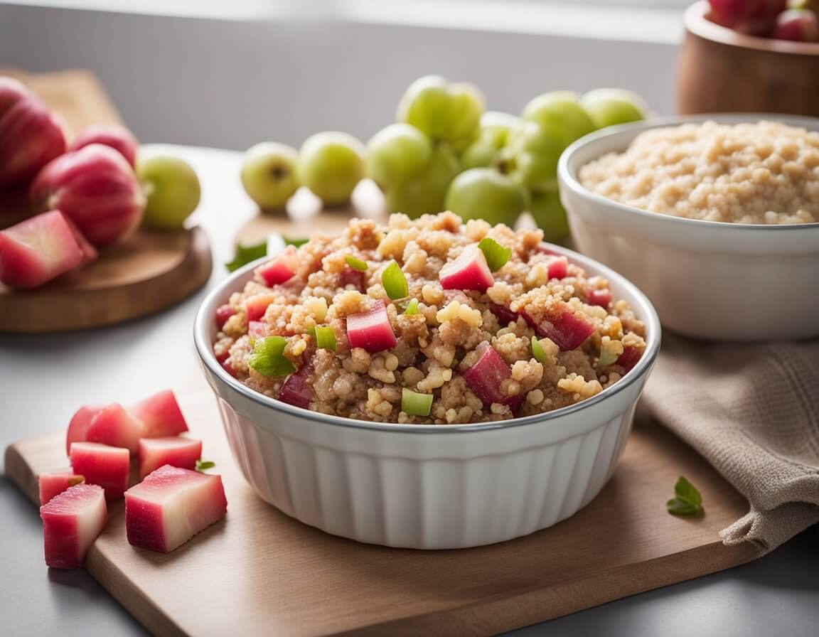 A kitchen counter with a mixing bowl of chopped rhubarb, a bowl of crumble topping, and a recipe book open to Mary Berry's rhubarb crumble recipe