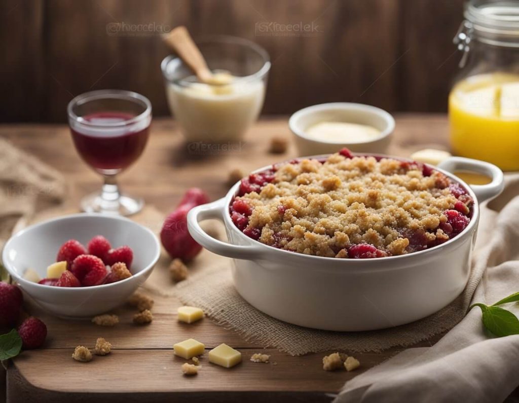 A rustic kitchen table with a freshly baked rhubarb crumble, a bowl of chopped rhubarb, a stick of butter, and a bag of flour