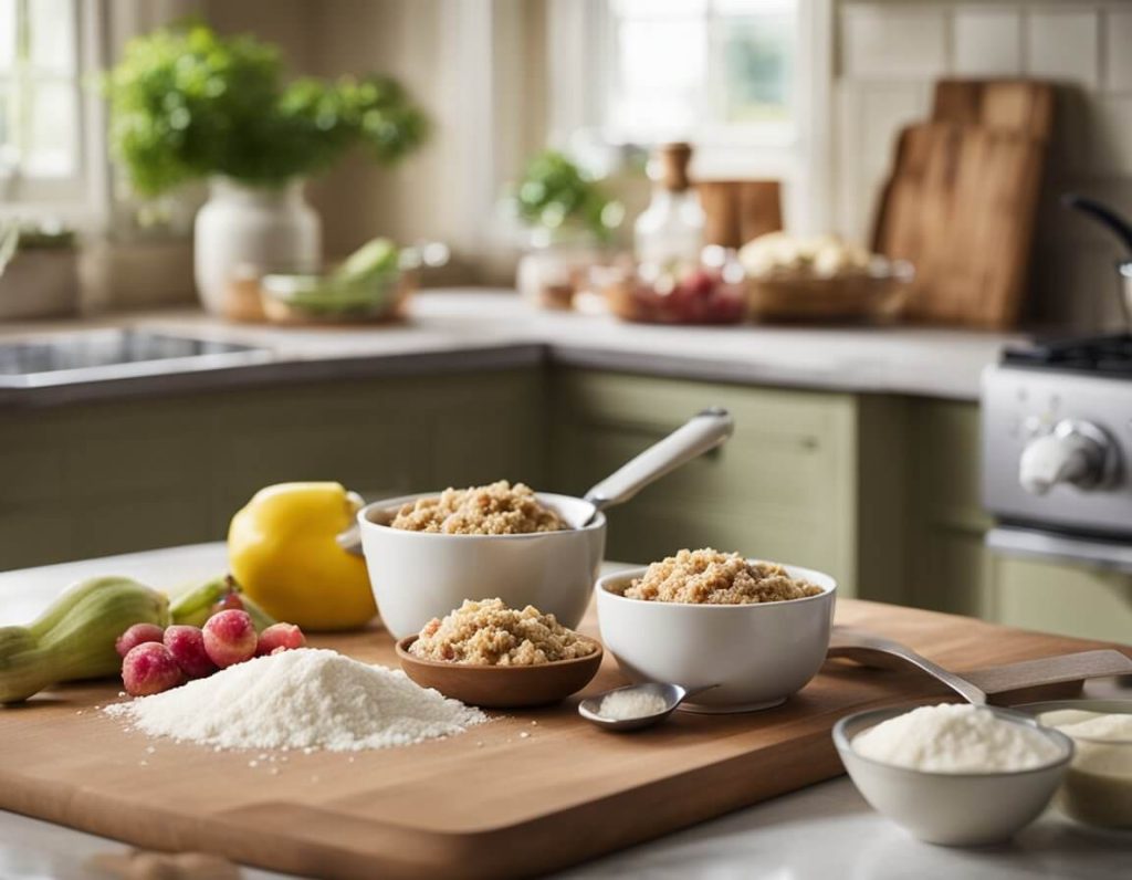 A kitchen counter with a mixing bowl, fresh rhubarb, sugar, flour, and butter. A recipe card for Mary Berry's rhubarb crumble is propped up next to the ingredients