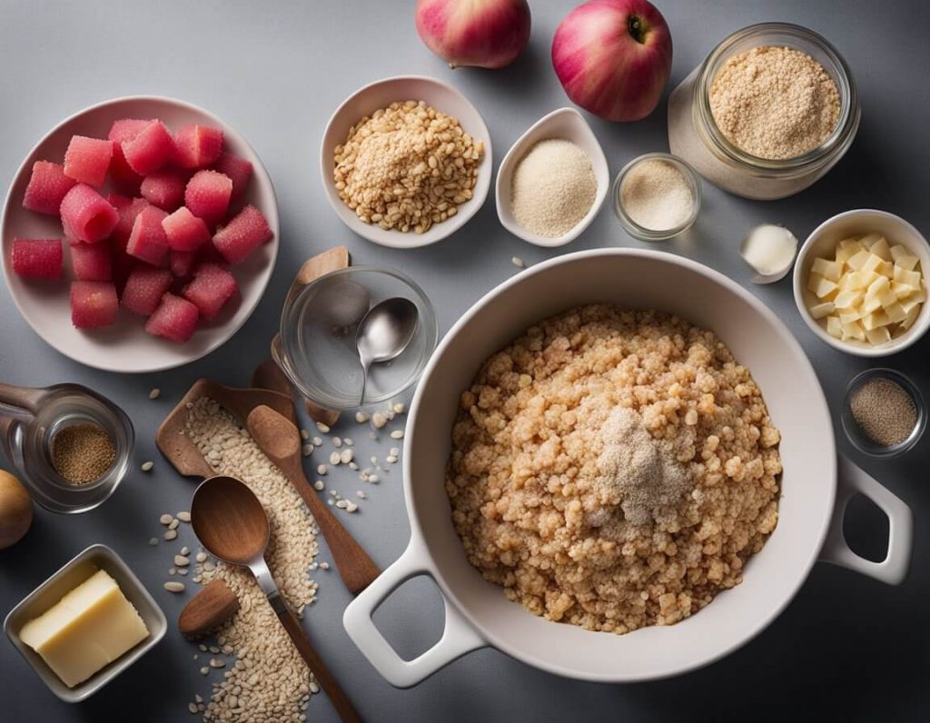 A kitchen counter with ingredients for rhubarb crumble: rhubarb, sugar, flour, butter, and oats. A mixing bowl and a baking dish are ready for use