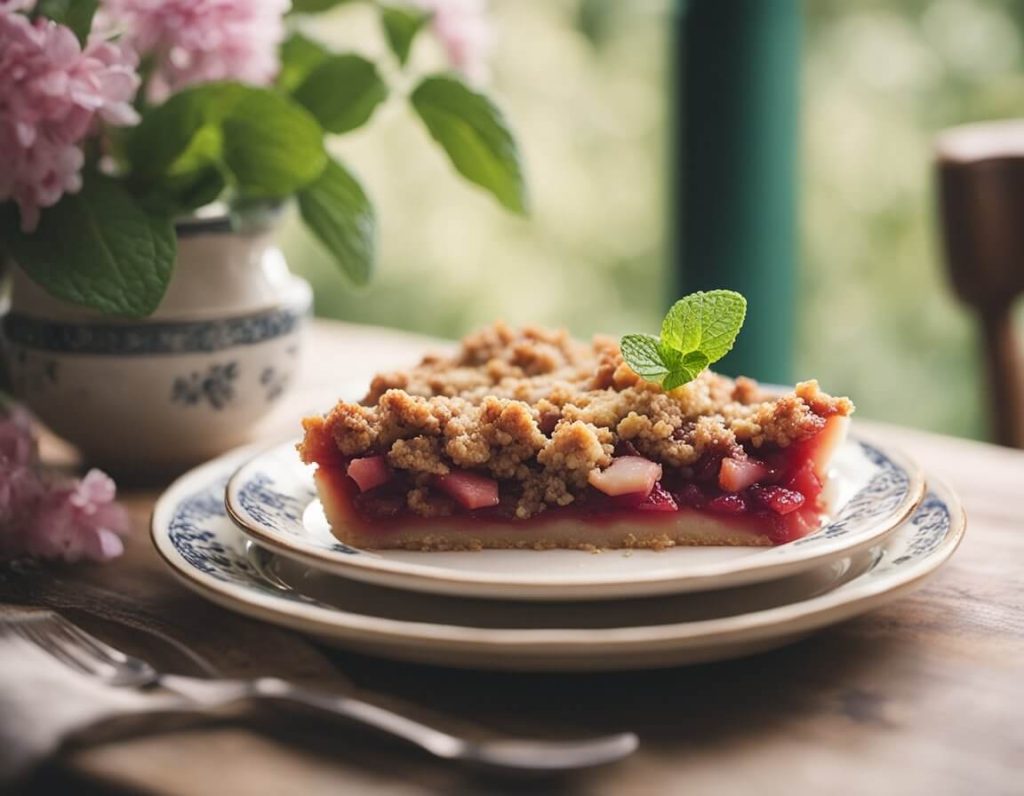 A rustic kitchen table with a freshly baked rhubarb crumble, a dollop of cream, and a sprig of mint on a vintage floral plate