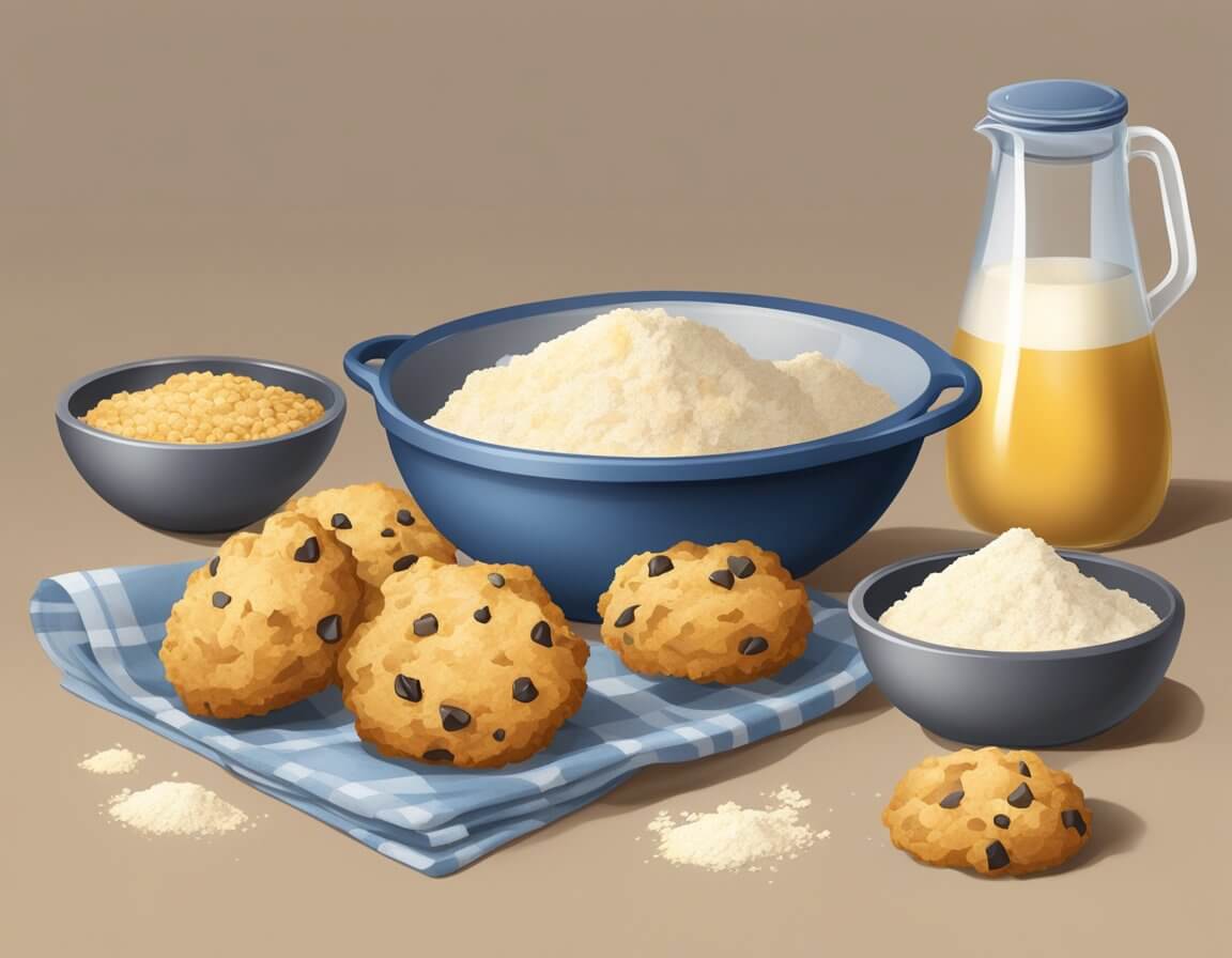 A table set with a plate of golden-brown rock cakes, a mixing bowl, and ingredients like flour and sugar scattered around