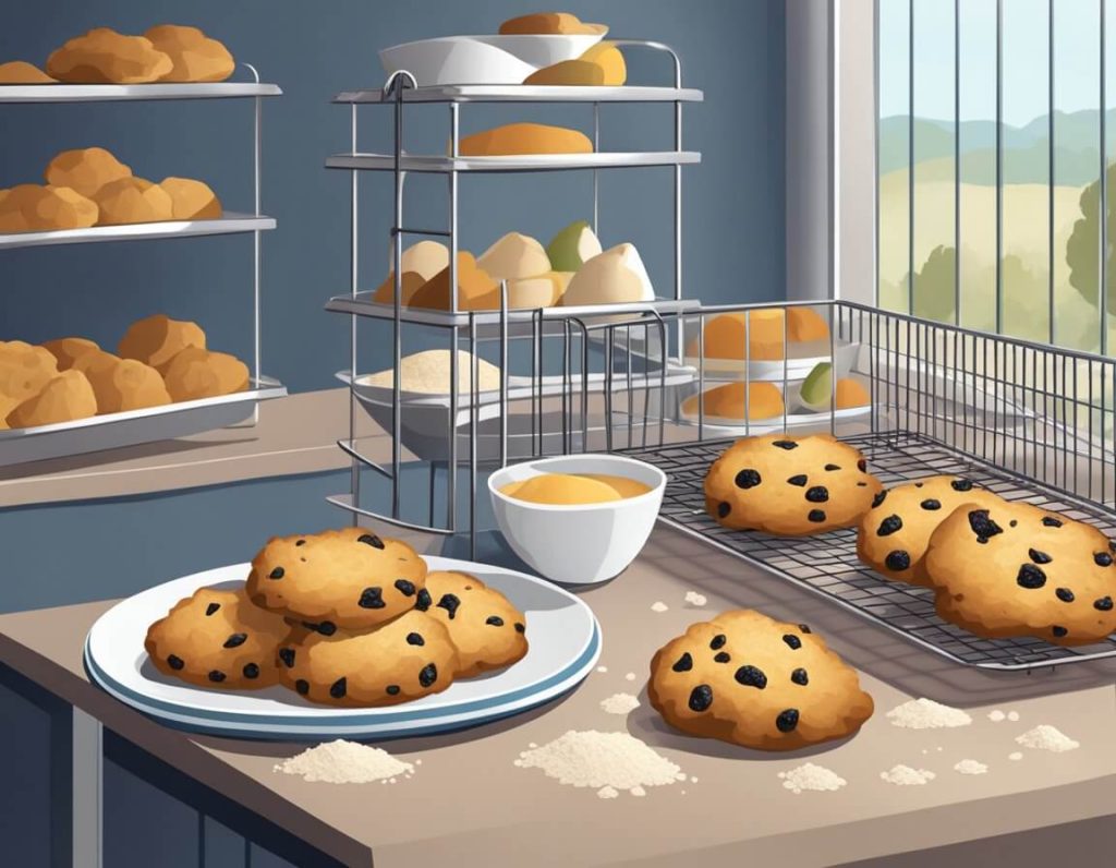 A table with freshly baked rock cakes, cooling on a wire rack. Ingredients like dried fruit, flour, and sugar scattered nearby