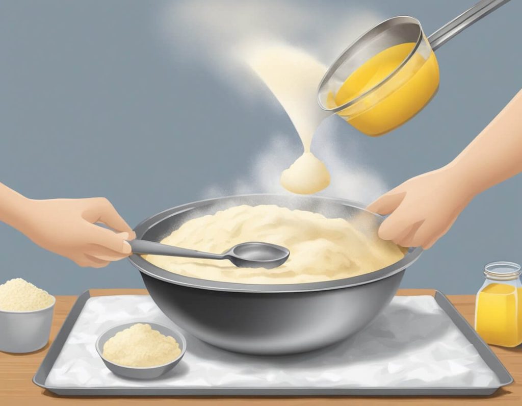 A mixing bowl filled with flour, sugar, and raisins. A hand pouring in melted butter. A spoon mixing the ingredients together. A tray lined with parchment paper ready for the rock cake mixture