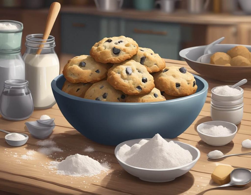 Rock cakes sit on a rustic wooden table, surrounded by scattered ingredients like flour and sugar. A mixing bowl and spoon are nearby, ready for the next step in the recipe