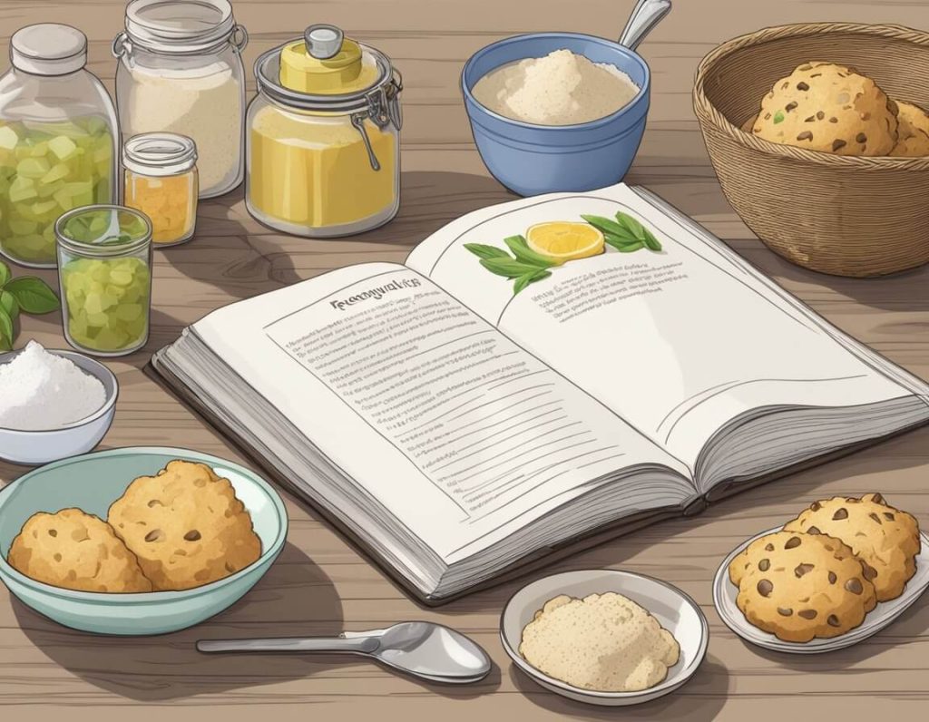 A table with ingredients and utensils for baking, a recipe book open to Mary Berry's rock cakes, and a sign reading "Frequently Asked Questions."