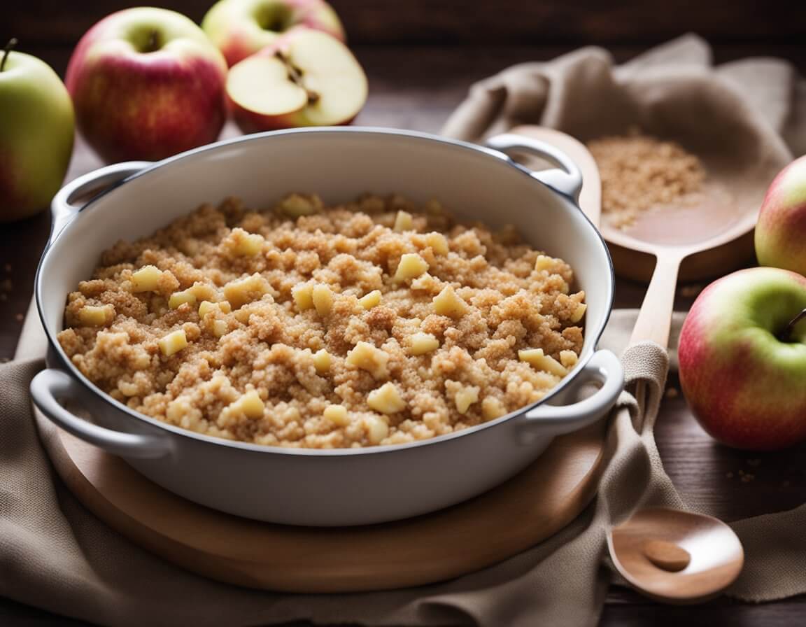 A kitchen counter with a mixing bowl filled with sliced apples, a crumbly topping, and a sprinkling of cinnamon. A recipe book open to Mary Berry's apple crumble recipe sits nearby