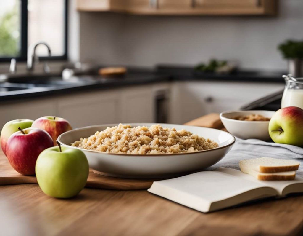 A kitchen counter with a bowl of apples, a rolling pin, a mixing bowl, and a recipe book open to Mary Berry's apple crumble recipe