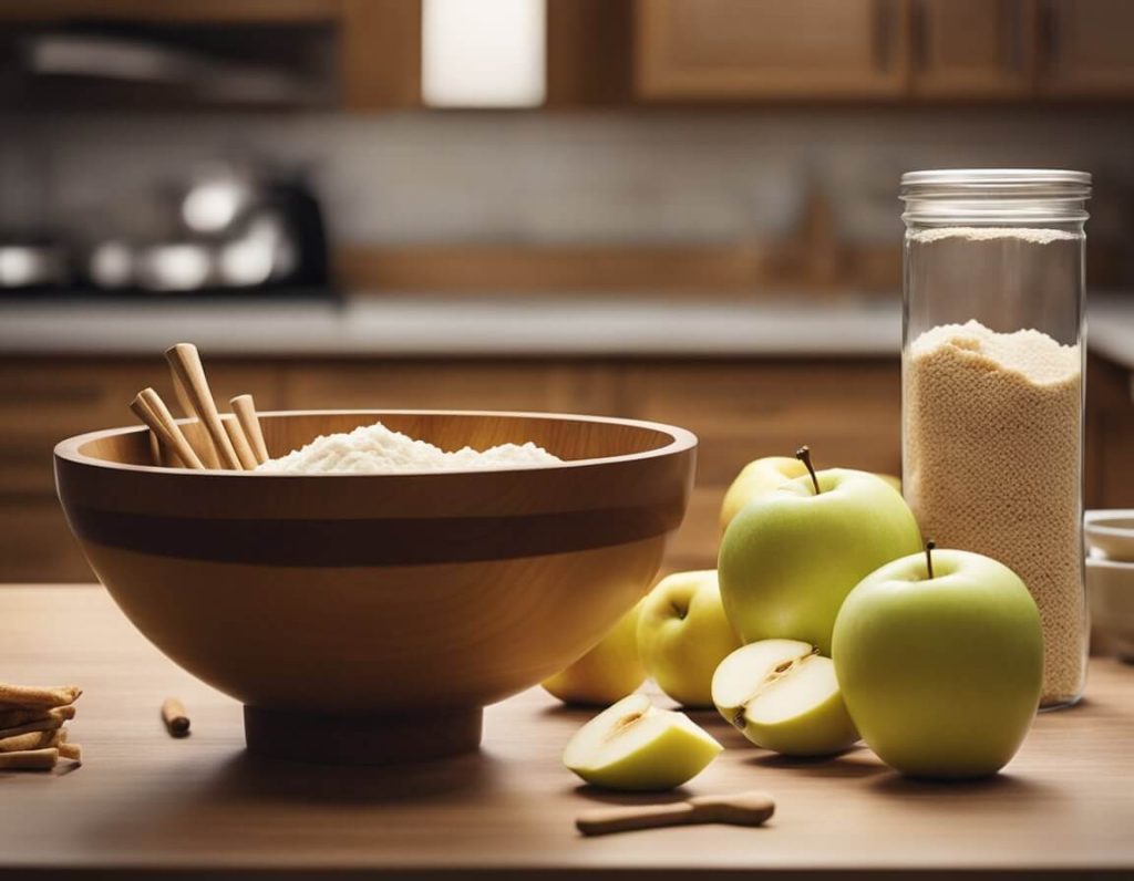 A wooden kitchen counter with a mixing bowl filled with sliced apples, a bag of flour, a stick of butter, and a bowl of sugar