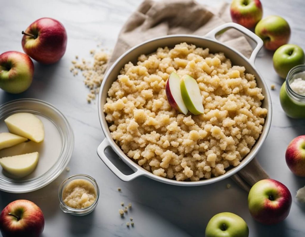 Apples being peeled, cored, and sliced. Butter, flour, and sugar being mixed to form crumble topping. Baking dish being filled and crumble sprinkled on top