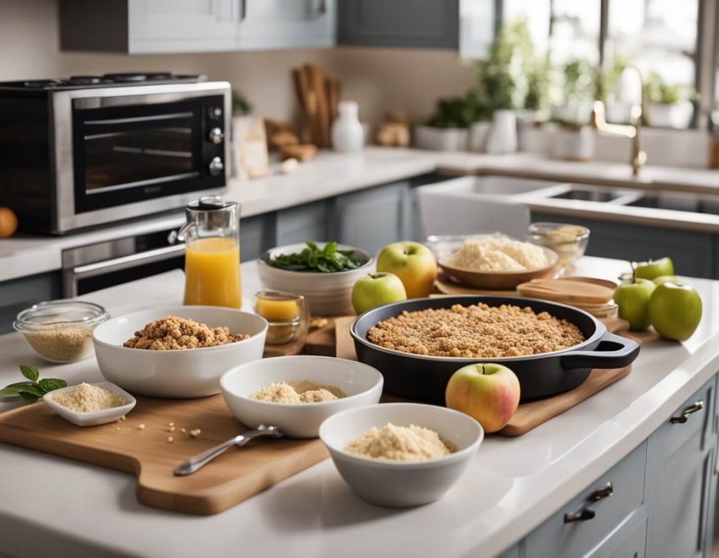 A kitchen counter with ingredients and utensils laid out, a recipe book open to Mary Berry's apple crumble page, and a warm oven in the background