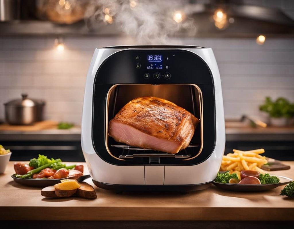 A gammon joint sizzling in an air fryer, surrounded by steam and emitting a delicious aroma