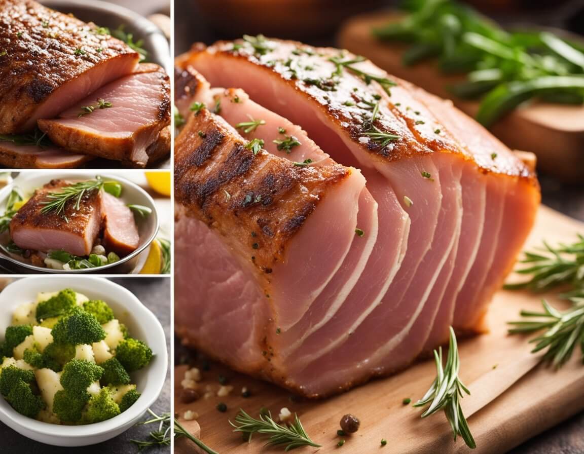 A gammon joint is placed in an air fryer, seasoned with herbs and spices, and set to cook at a high temperature