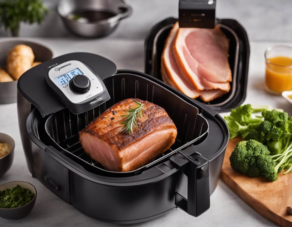 A gammon joint is placed in the air fryer. The temperature and time settings are adjusted for preheating