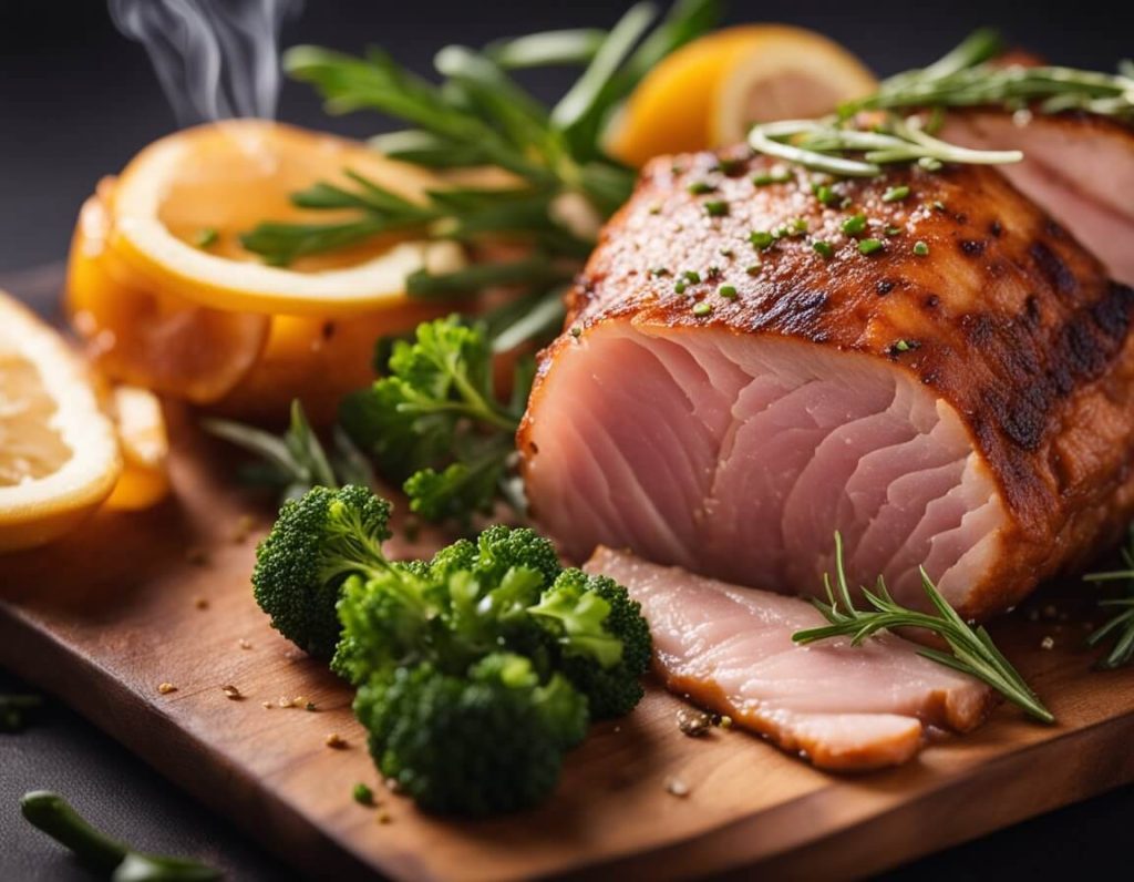 A gammon joint sizzling in the air fryer, surrounded by steam and emitting a mouthwatering aroma