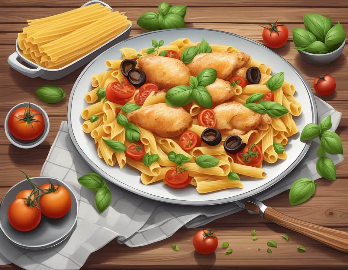 A steaming plate of chicken and chorizo pasta sits on a rustic wooden table, surrounded by colorful ingredients like tomatoes and basil