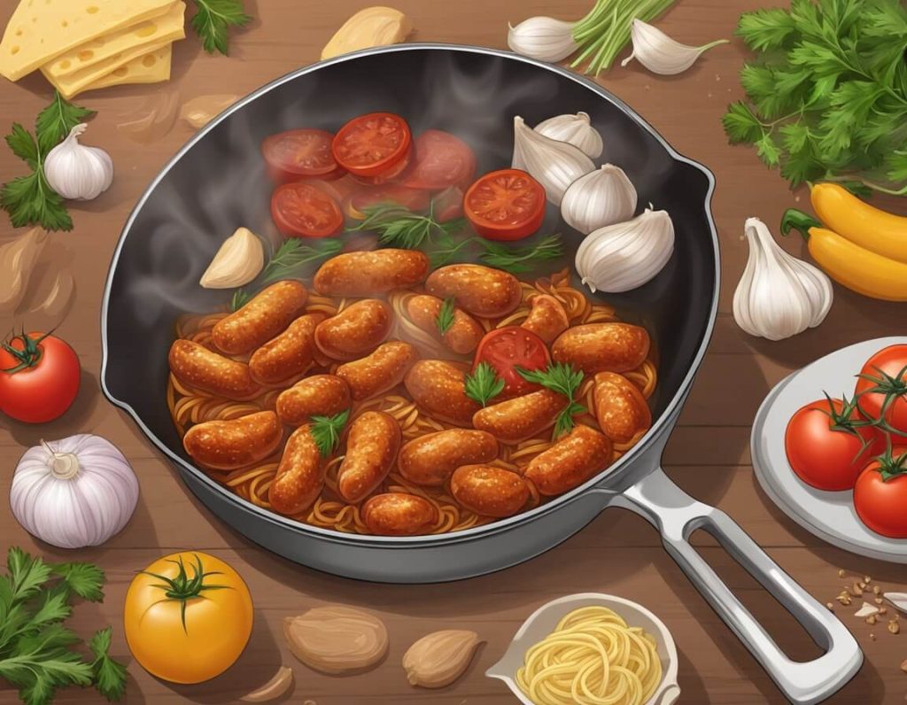 Sizzling chorizo and chicken in a skillet with garlic and onion. Boiling pasta in a pot. Ingredients like tomatoes and herbs on the counter