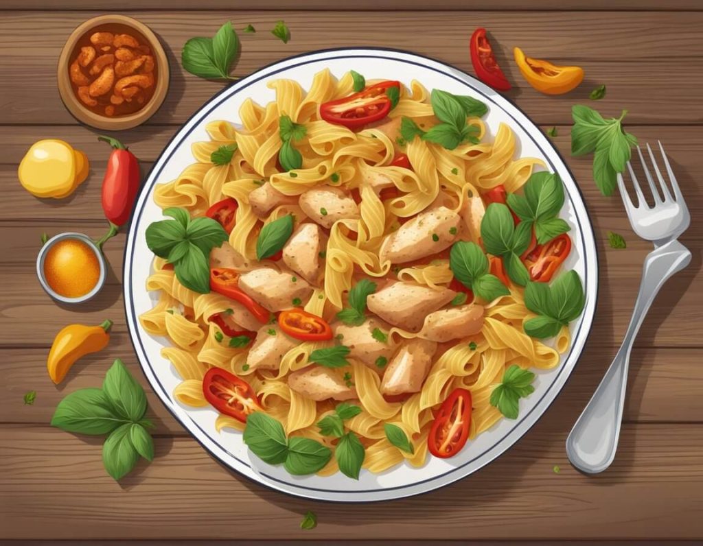 A steaming plate of chicken and chorizo pasta with colorful bell peppers and a sprinkle of fresh herbs on a rustic wooden table