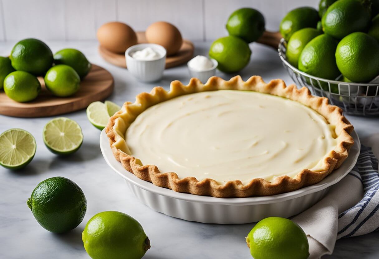 A kitchen counter with ingredients for key lime pie: limes, eggs, cream, and a pie crust. A recipe book open to Mary Berry's key lime pie recipe