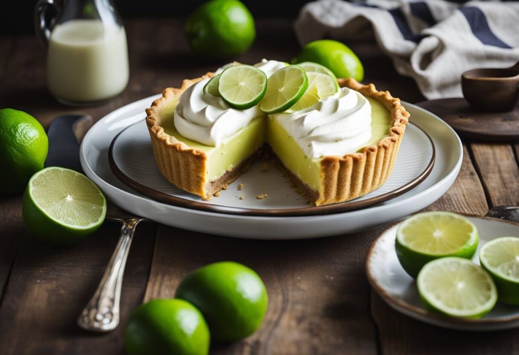 A rustic kitchen table with a freshly baked key lime pie, surrounded by vibrant green limes and a vintage pie server