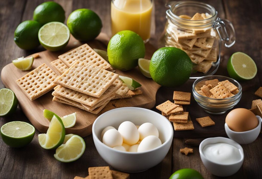 A table with a scattered array of ingredients: limes, graham crackers, butter, condensed milk, eggs, and sugar