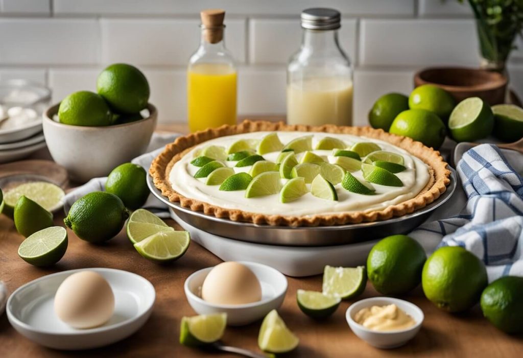 A kitchen counter with ingredients for Mary Berry's key lime pie recipe laid out, including limes, eggs, condensed milk, and pastry