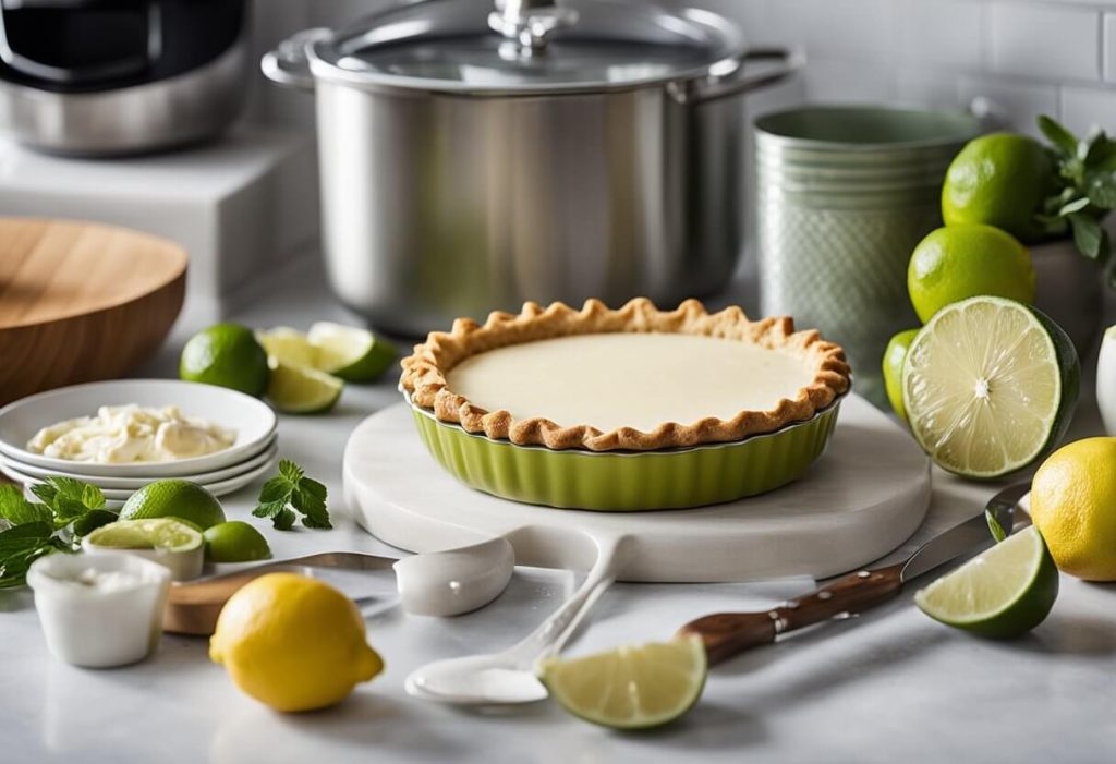 A kitchen counter with ingredients and utensils laid out, a preheated oven, and a printed recipe for Mary Berry's key lime pie