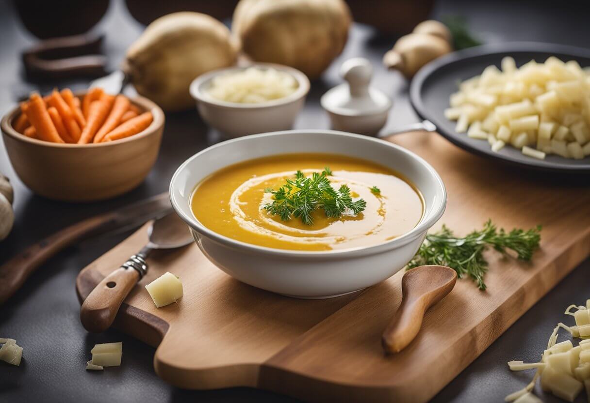 A pot of parsnip soup simmers on the stove, steam rising. Fresh parsnips, carrots, and onions sit on the counter next to a cutting board and knife