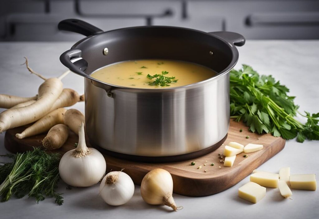 A pot of parsnip soup simmers on the stove, surrounded by fresh parsnips, onions, and herbs. A ladle rests on the edge of the pot, ready for serving