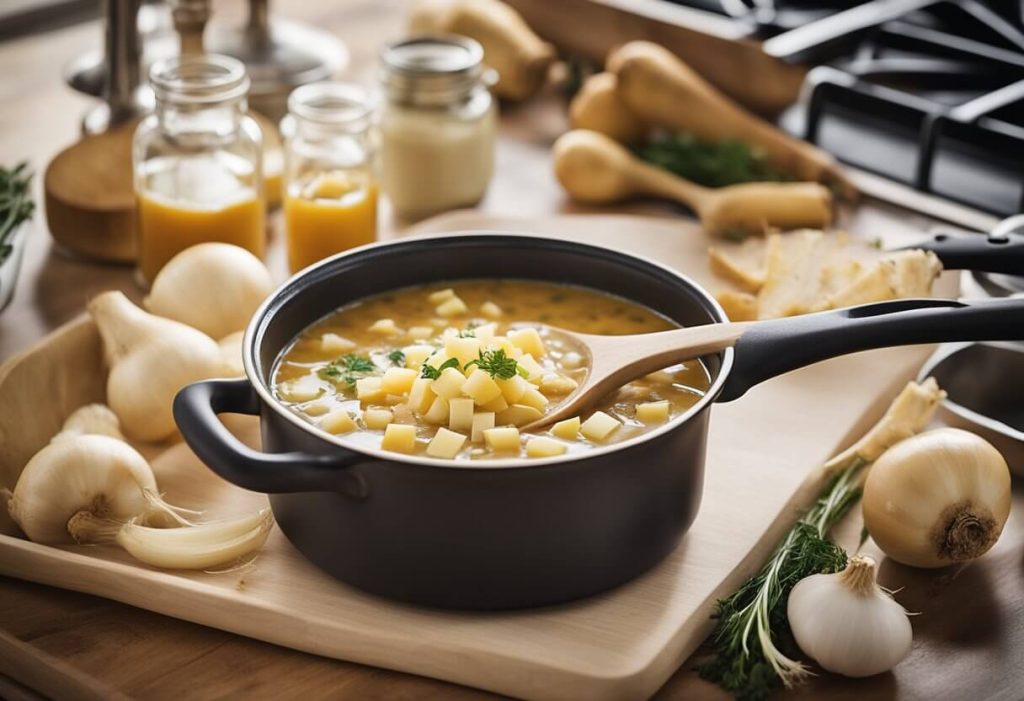 A pot simmering on the stove, filled with chopped parsnips, onions, and vegetable stock. A wooden spoon rests on the counter next to a recipe card for Mary Berry's parsnip soup