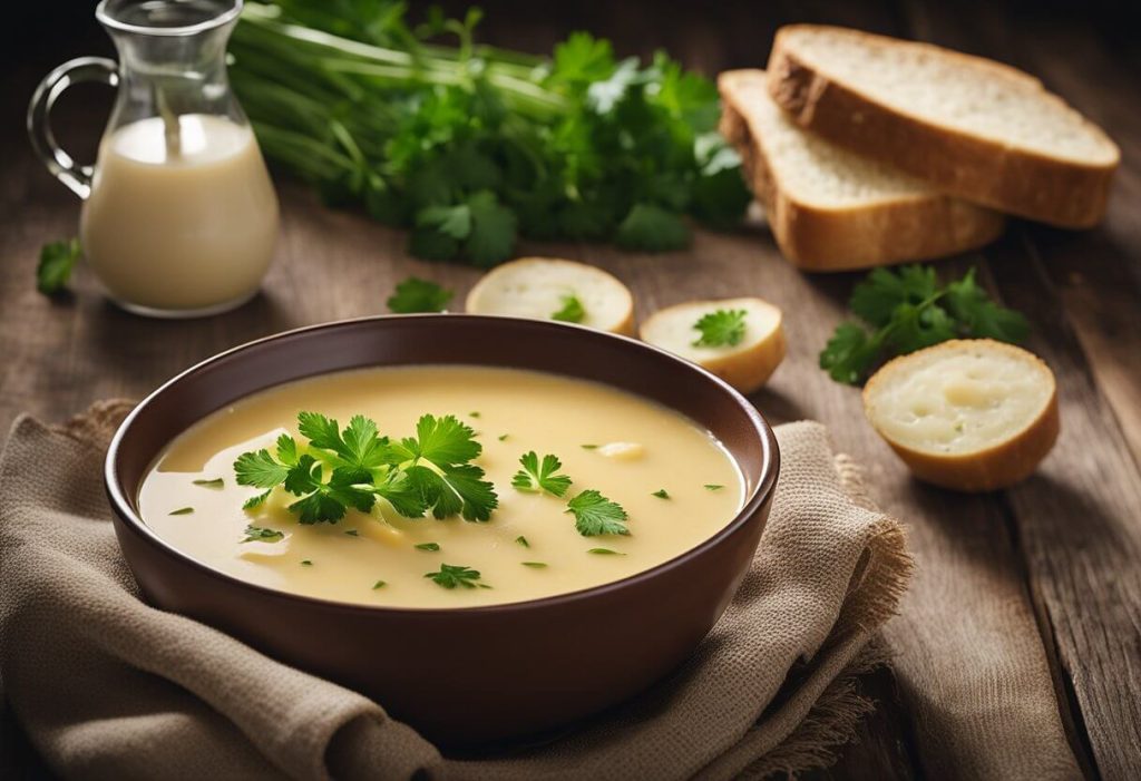 A steaming bowl of parsnip soup with a sprinkle of fresh parsley, served alongside a slice of crusty bread on a rustic wooden table