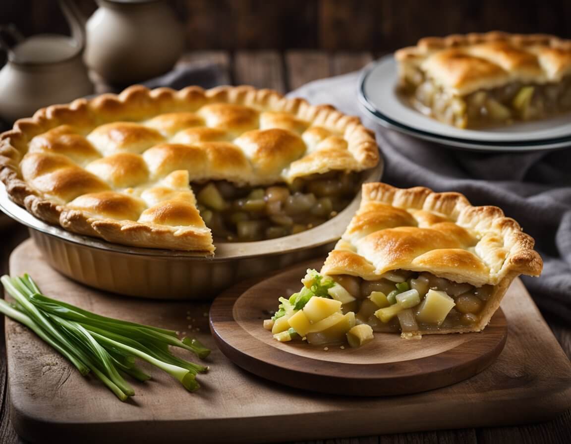 A golden-brown chicken and leek pie sits on a rustic wooden table, with steam rising from the flaky pastry